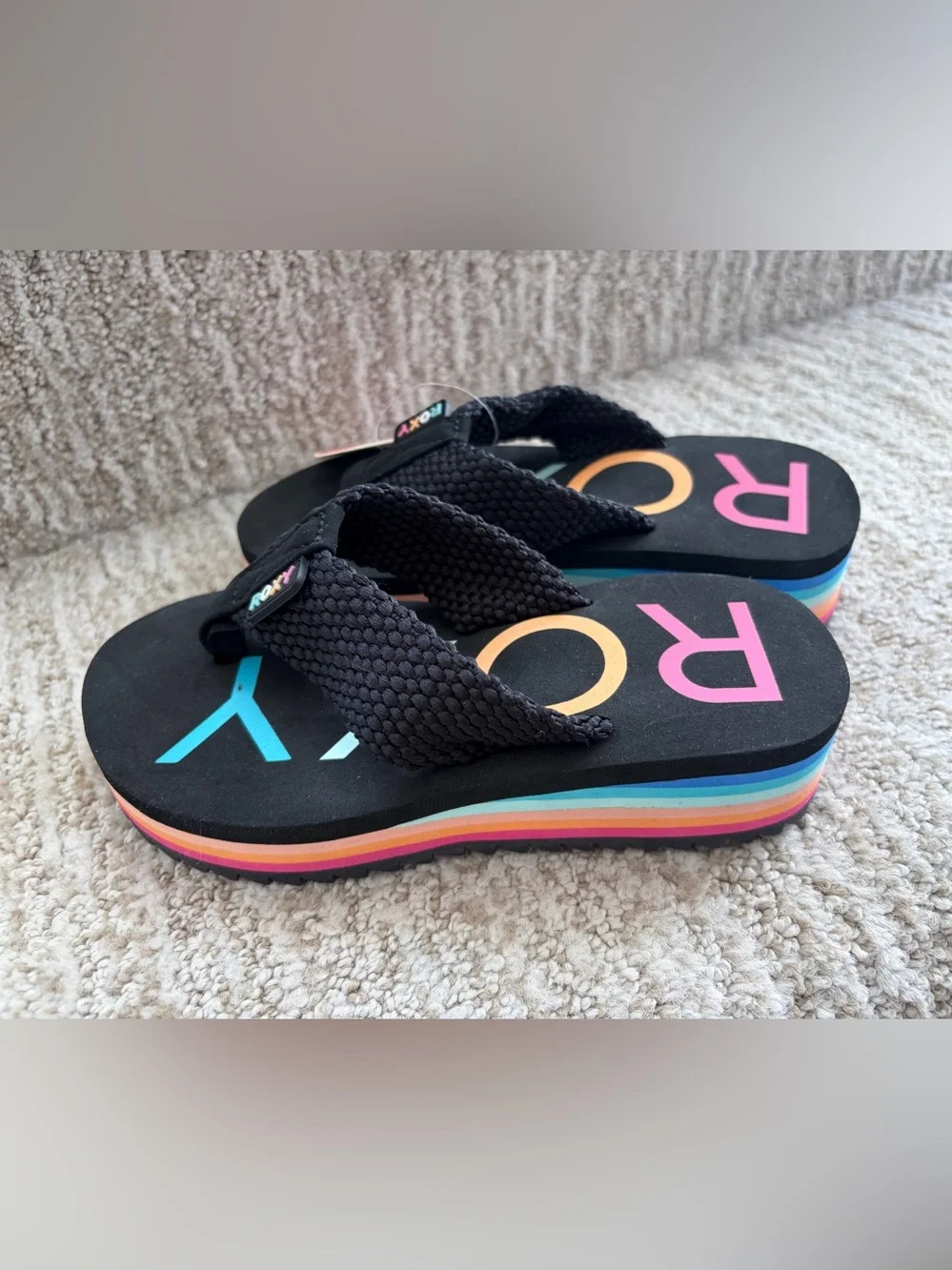 Little Girls 11 Roxy Rainbow Kallie II Wedge Flip Flop Sandals Platform Black